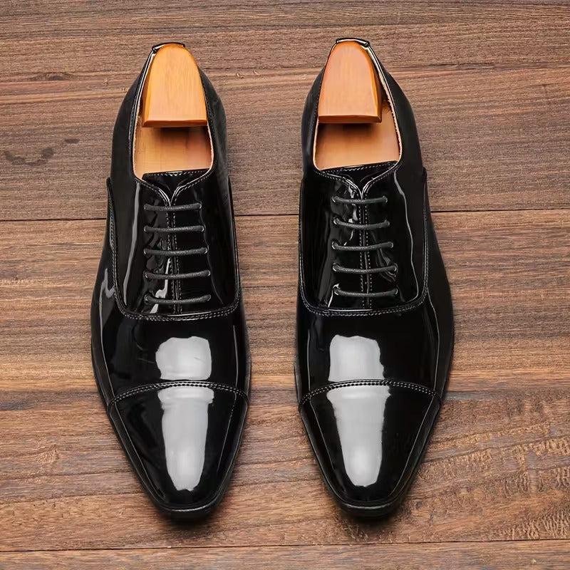 Men’s Premium Patent Leather Oxford Shoes – Sleek Cap-Toe Black Formal Lace-Up