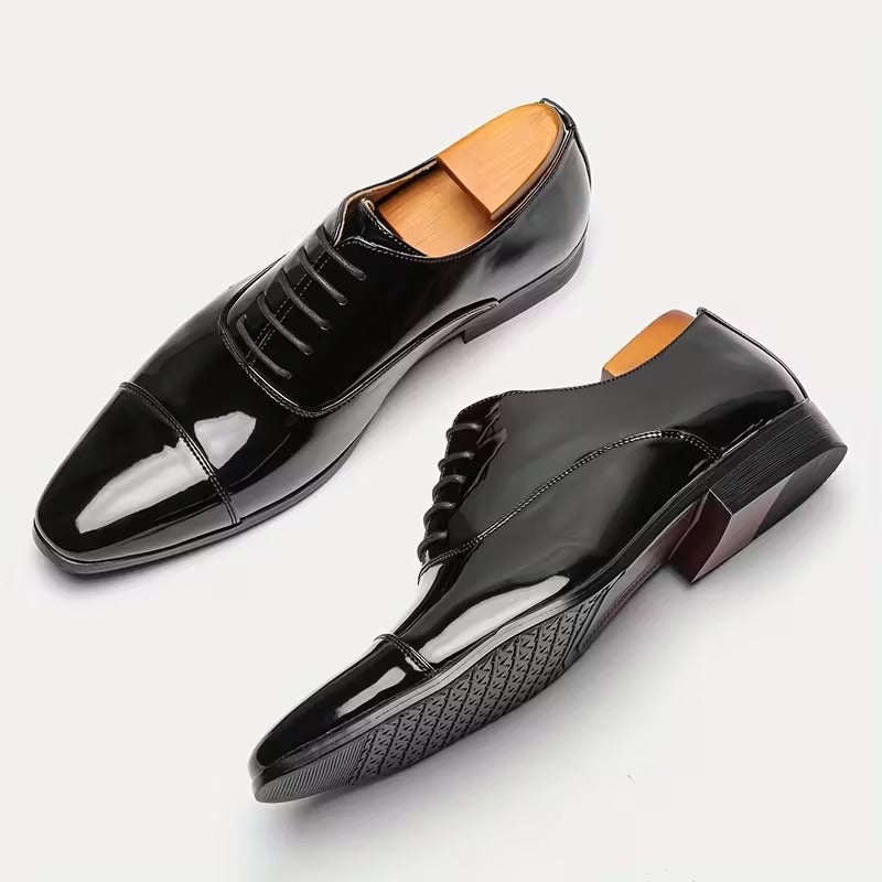 Men’s Premium Patent Leather Oxford Shoes – Sleek Cap-Toe Black Formal Lace-Up