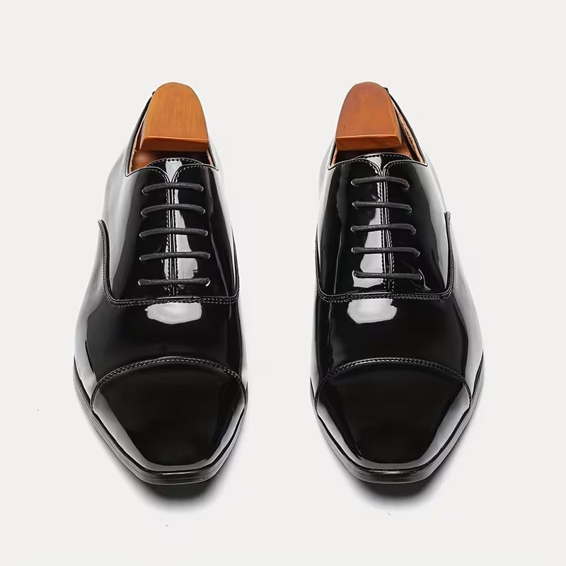 Men’s Premium Patent Leather Oxford Shoes – Sleek Cap-Toe Black Formal Lace-Up