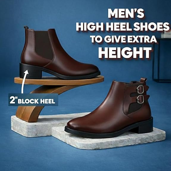Men’s Buckle Strap Height Increasing Faux Leather Formal & Casual Slip-On Boots