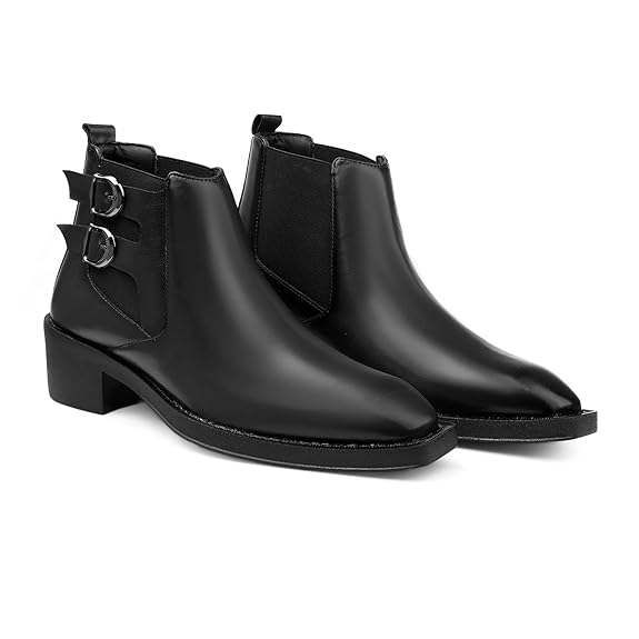 Men’s Buckle Strap Height Increasing Faux Leather Formal & Casual Slip-On Boots