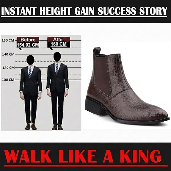 Men’s Height Increasing Brown Block Heel Faux Leather Slip-On Formal & Casual Boots