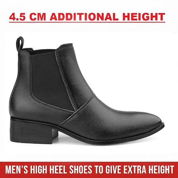 Men’s Height Increasing Black Block Heel Faux Leather Slip-On Formal & Casual Boots