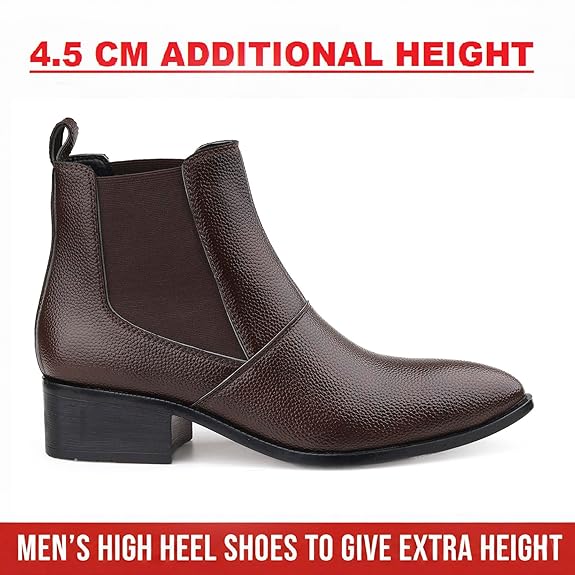 Men’s Height Increasing Brown Block Heel Faux Leather Slip-On Formal & Casual Boots