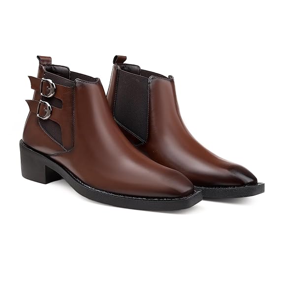 Men’s Buckle Strap Height Increasing Faux Leather Formal & Casual Slip-On Boots