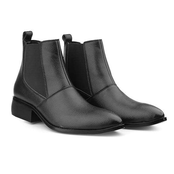 Men’s Height Increasing Black Block Heel Faux Leather Slip-On Formal & Casual Boots