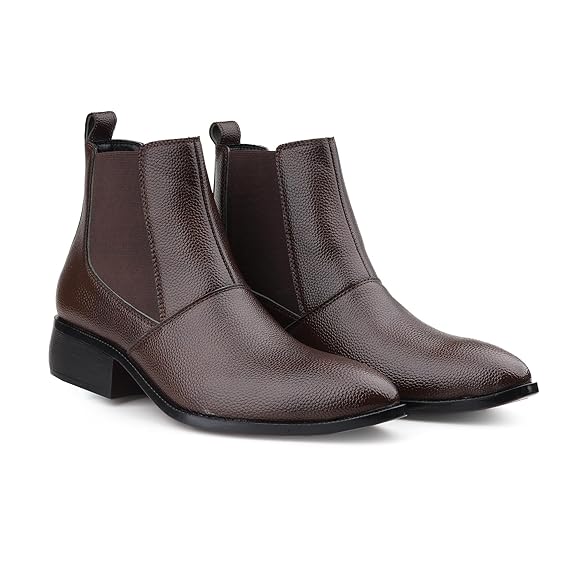 Men’s Height Increasing Brown Block Heel Faux Leather Slip-On Formal & Casual Boots