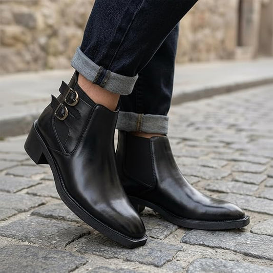Men’s Buckle Strap Height Increasing Faux Leather Formal & Casual Slip-On Boots