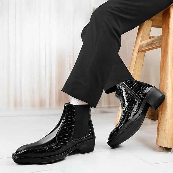 JonasParamount Black Semi-Formal Croc Texture Chelsea Boots