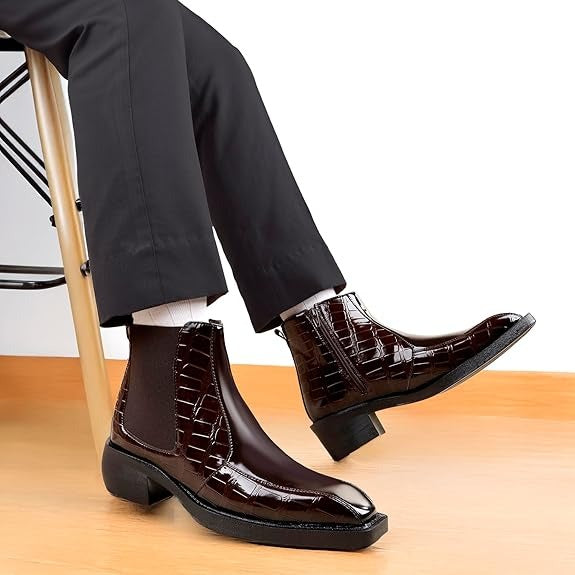 JonasParamount Brown Semi-Formal Croc Texture Chelsea Boots