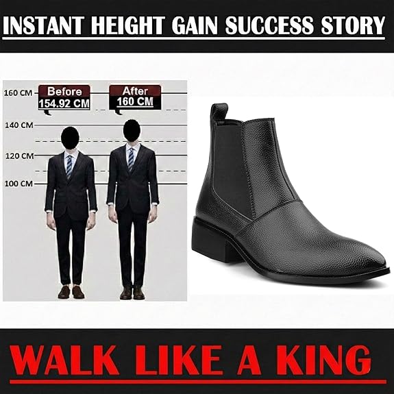 Men’s Height Increasing Black Block Heel Faux Leather Slip-On Formal & Casual Boots