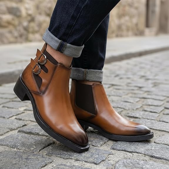 Men’s Buckle Strap Height Increasing Faux Leather Formal & Casual Slip-On Boots