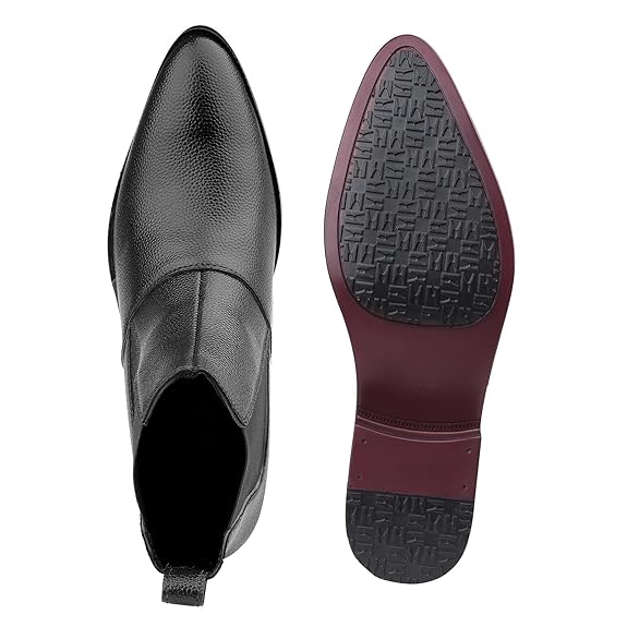 Men’s Height Increasing Black Block Heel Faux Leather Slip-On Formal & Casual Boots