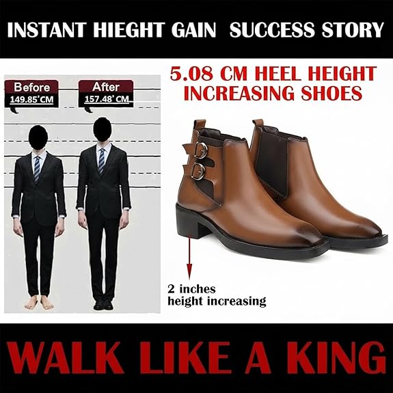 Men’s Buckle Strap Height Increasing Faux Leather Formal & Casual Slip-On Boots