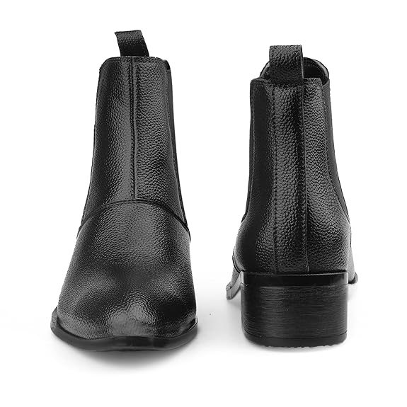 Men’s Height Increasing Black Block Heel Faux Leather Slip-On Formal & Casual Boots