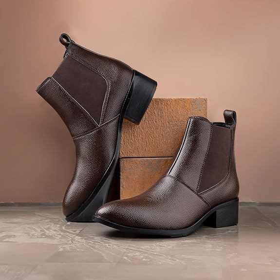 Men’s Height Increasing Brown Block Heel Faux Leather Slip-On Formal & Casual Boots