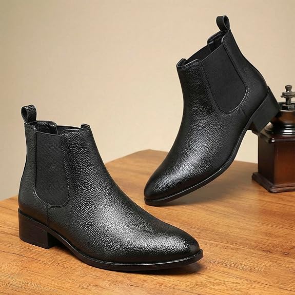 Black Faux Leather Slip-On Casual & Formal Dress Boots with PU Sole Men’s Classic Chelsea Boots