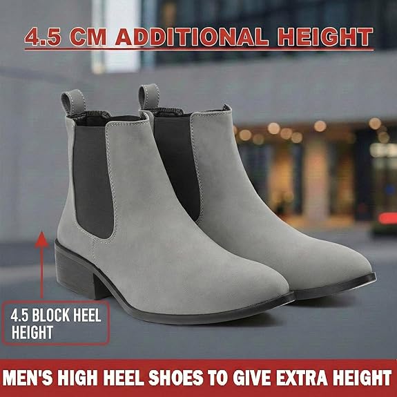 Men’s Pointed Toe 1.8 Inch Height Increasing Faux Leather Slip-On Casual & Formal Boots