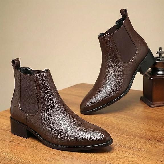 Brown Faux Leather Slip-On Casual & Formal Dress Boots with PU Sole Men’s Classic Chelsea Boots