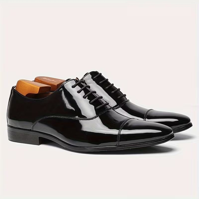 Men’s Premium Patent Leather Oxford Shoes – Sleek Cap-Toe Black Formal Lace-Up