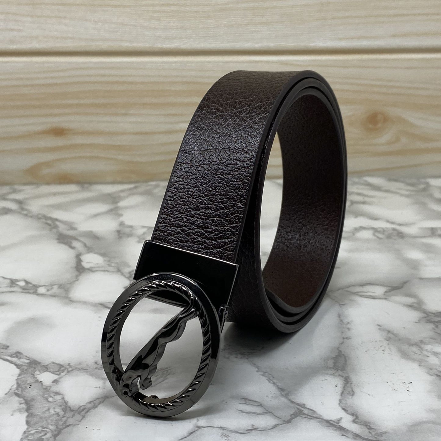 Round Jaguar Metal Buckle With Leather Strap Belt-JonasParamount