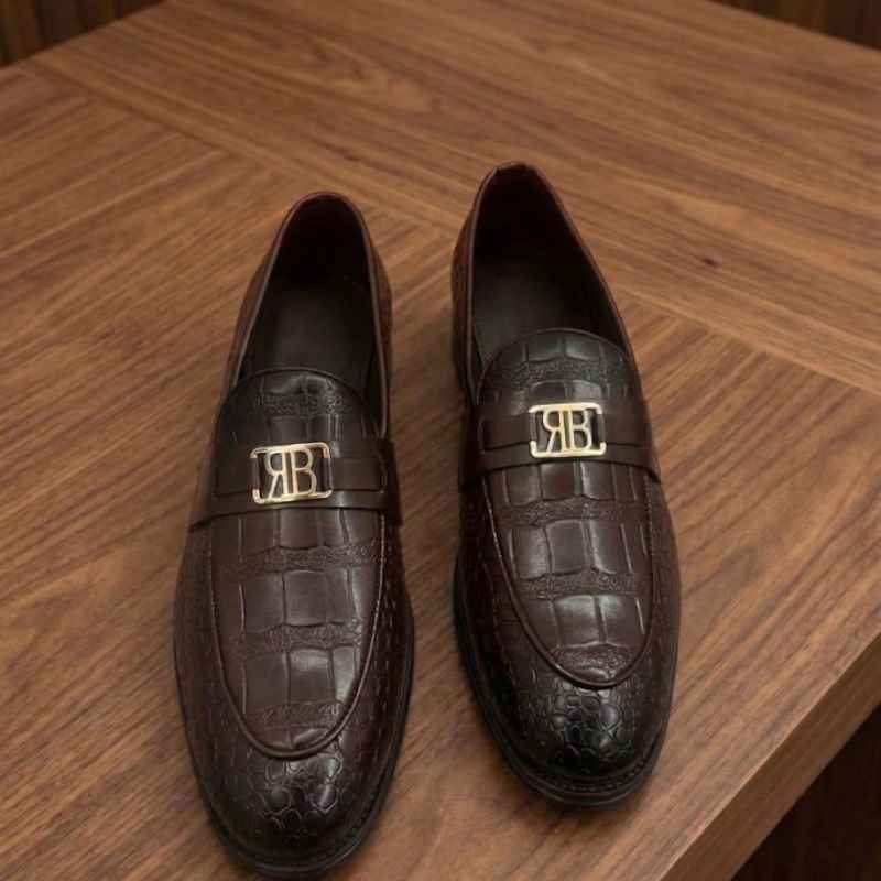 Men’s Luxury Croc-Textured Moccasins – Premium Slip-On Loafers with Gold Buckle
