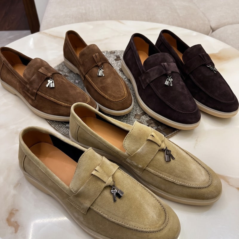 Premium Suede Leather Slip-On Loafers for Men – Luxury Casual Penny Loafers with Metal Charm Detail