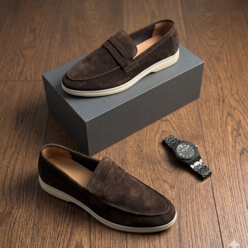 Men's Premium Suede Leather Penny Loafers – Slip-On Casual Sneakers with Handmade TPR Sole