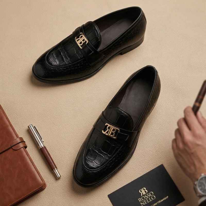 Men’s Luxury Croc-Textured Moccasins – Premium Slip-On Loafers with Gold Buckle
