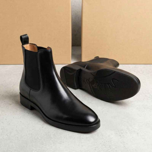 Men’s Premium Chelsea Boots – Sleek Black Faux Leather Ankle Boots with Elastic Side & Handmade TPR Sole