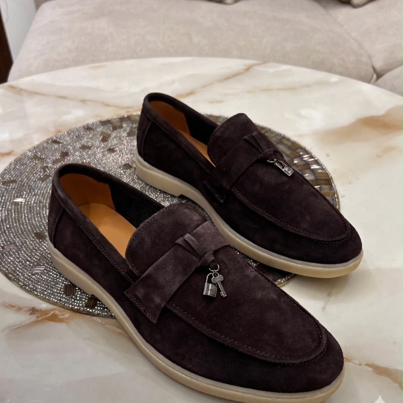 Premium Suede Leather Slip-On Loafers for Men – Luxury Casual Penny Loafers with Metal Charm Detail