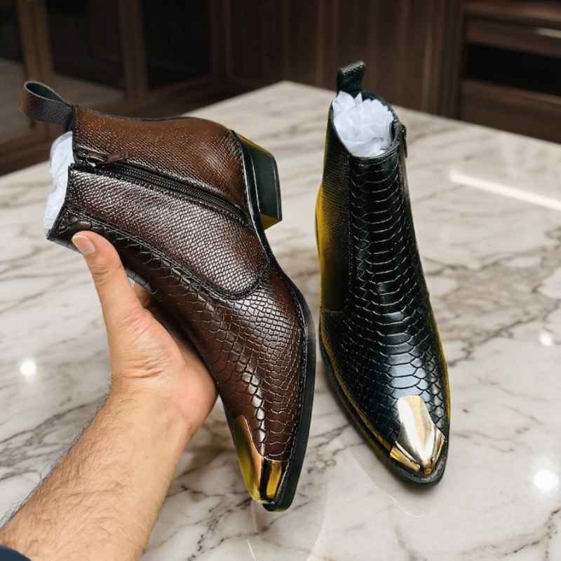 Men’s Premium Chelsea Boots – Croc Texture Gold Tip Ankle Boots
