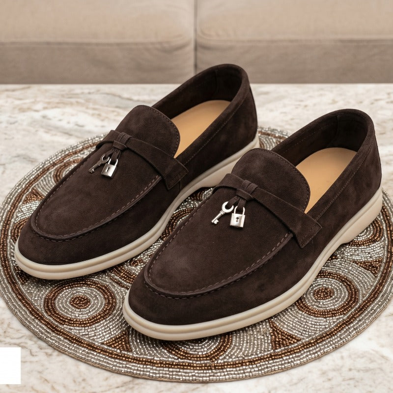 Premium Suede Leather Slip-On Loafers for Men – Luxury Casual Penny Loafers with Metal Charm Detail