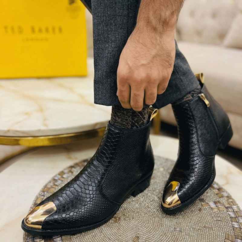 Men’s Premium Chelsea Boots – Croc Texture Gold Tip Ankle Boots
