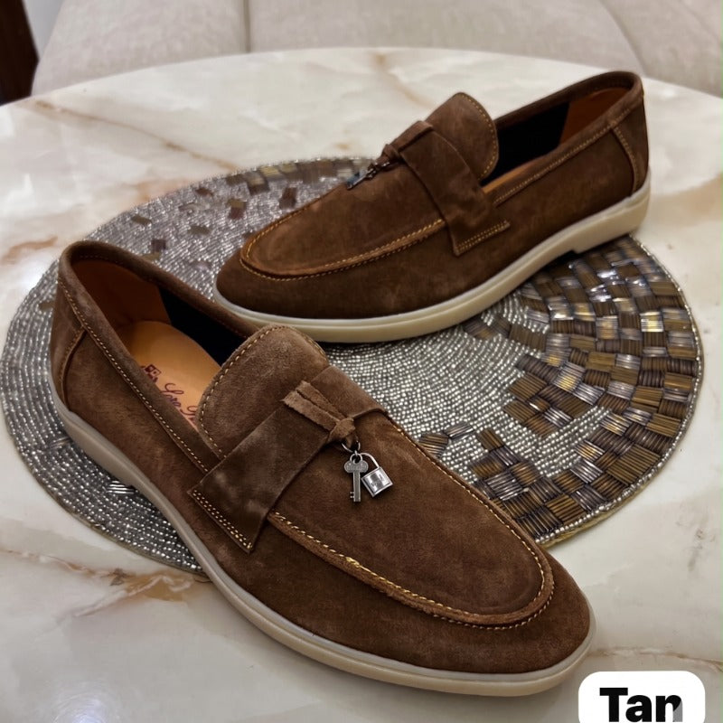 Premium Suede Leather Slip-On Loafers for Men – Luxury Casual Penny Loafers with Metal Charm Detail