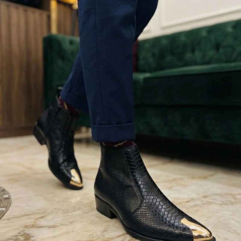 Men’s Premium Chelsea Boots – Croc Texture Gold Tip Ankle Boots