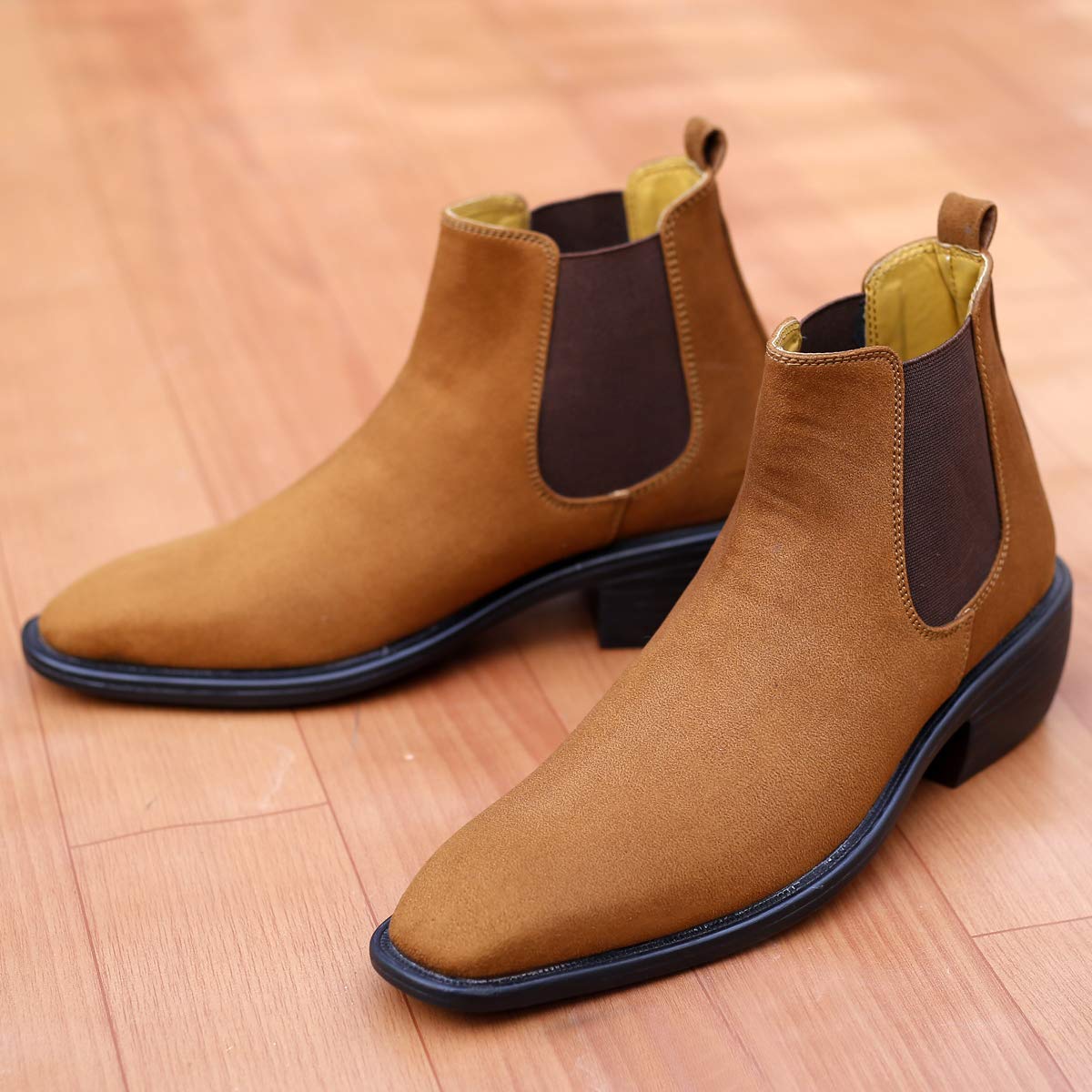 Height Increasing Suede Material Tan Casual Chelsea Boots For Men-JonasParamount
