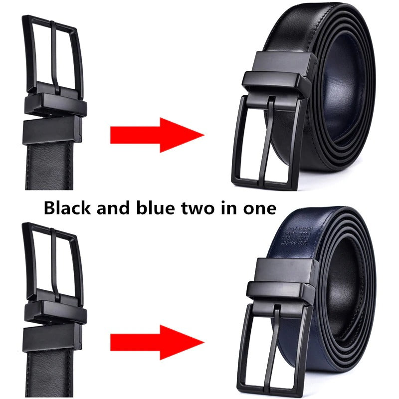 Classic & Fashion Designs Black/blue Two in One Belts with Rotated Buckle ceinture-Men's Leather Reversible Belt-JonasParamount